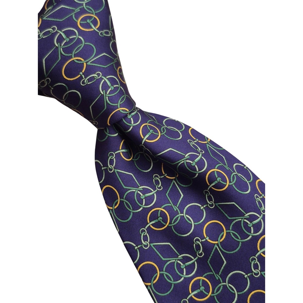 Allen Edmonds Mens Silk Tie Navy Blue Green Yellow Equestrian Bit Pattern Italy